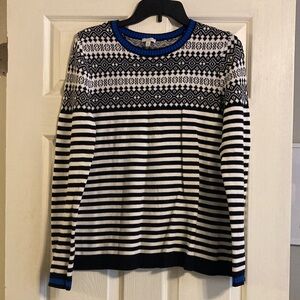 Talbots Black and White Fair Isle Patterned Sweater with cobalt Blue Trim, M